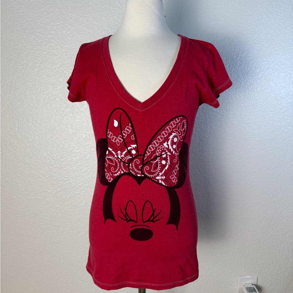 Disney Minnie Mouse Bandana Print Bow Red Womens Sz XS Tshirt Good Cond. Western